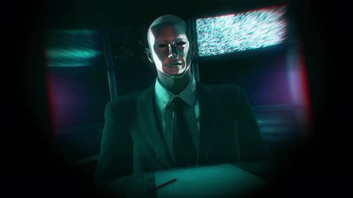 Glitched Humanoid Figure At Desk Animation