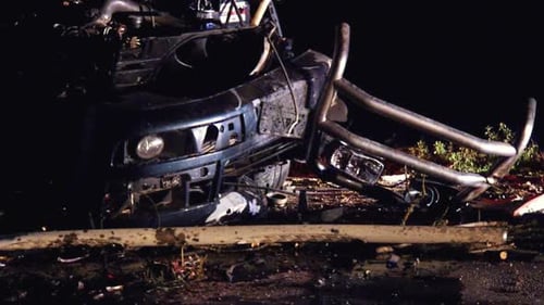 Car Crash Traffic Accident. Car Accident at Night on Dark City Street. Car Insurance Accident Broken