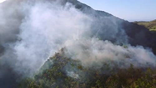 Aerial view around a large forest fire burning and smoking in the sunny moúntains
