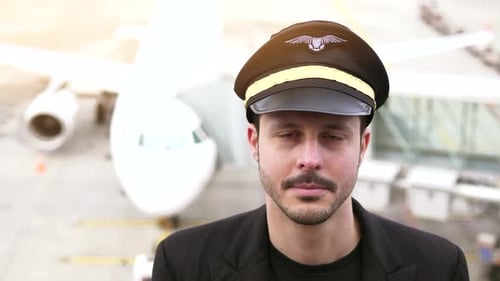 Airline Pilot in Uniform Poses in Front of Plane