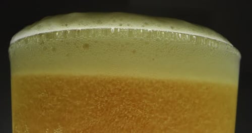 Close up of some beer in a glass with a nice white foam on a black background. Concept: food and d