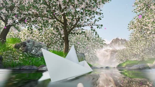 A paper boat floats down the river in a blooming spring garden.