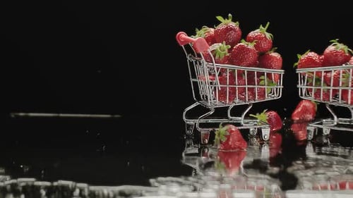 Small Shopping Carts with Fresh Strawberries Rolling on Table