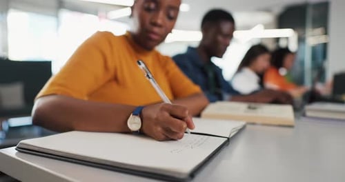 Notebook, hands and woman in lecture for writing, education or studying at university