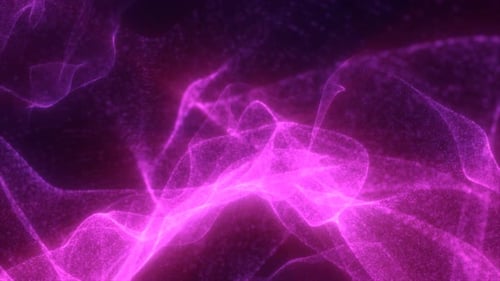 Vivid magenta glowing particle waves forming soft fluid digital surfaces in a dark atmospheric space