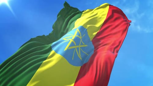 Ethiopian National Flag Waving Animation on Blue Sky
