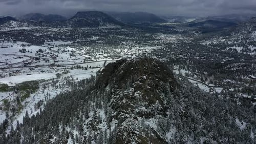 Freshly fallen snow coats the ground and mountains in Estes Park Colorado