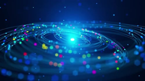 Neon streaks and particles orbit a luminous core in a seamless loop.