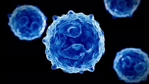 Blue biological cells floating inside a dark microscopic medical environment