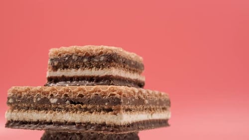Delicious chocolate wafers with hazelnuts rotate on a pink background.