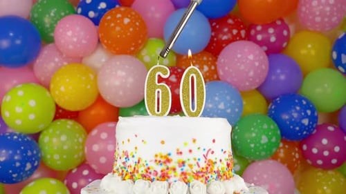 Sixtieth Birthday Cake with Balloons Close Up