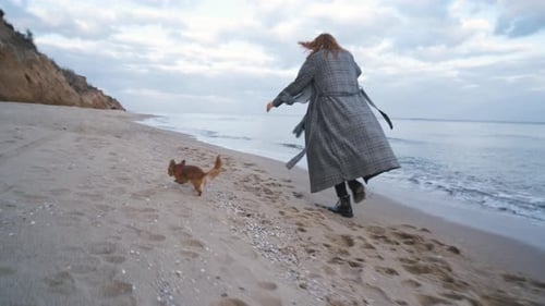 Beautiful Redhead Ukrainian Woman in Coat Runs Along the Sea with Small Longhaired Chihuahua Dog in