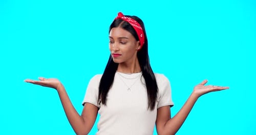 Comparison, studio choice or woman with decision between sales promo, present gift