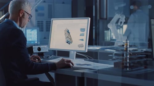 Professional Heavy Industry Engineer Works on Computer Uses CAD Software to Design Industrial Machi