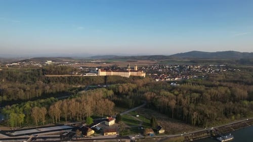 AERIAL VIEW. Melk Abbey overlooking the Danube River. Melk, Lower Austria, Austria