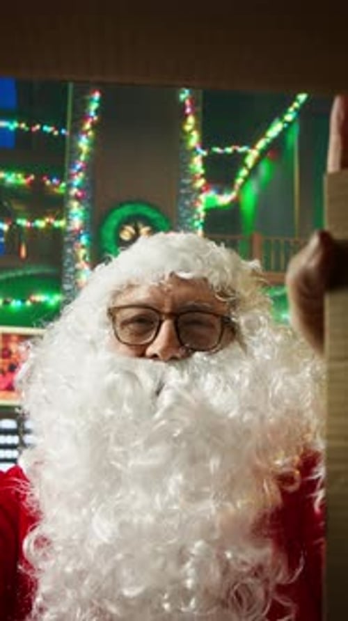 Vertical Video POV of Santa Claus Performer Receiving Shipping Parcel with Gift to Be Sent