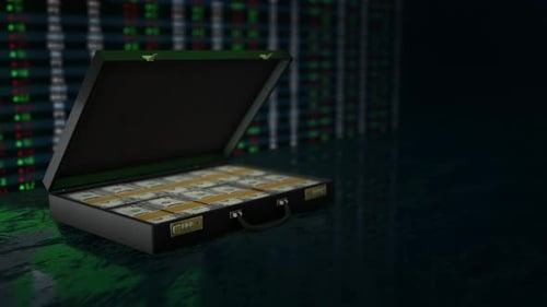 Black Briefcase Full of Dollars with Stock Market Background 4K