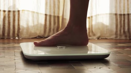 Woman Standing Weighing Scales Female Checking Weight Loss Measuring Body Fat