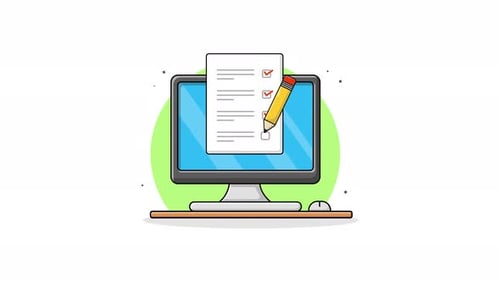 4k Computer with Survey Paper and Pencil. Online Survey Concept Animation Video