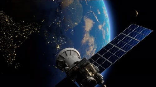 Künstlicher Satellit der Erde. Ein Satellit, der im Weltraum über den Globus fliegt