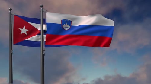 Realistic Waving Flags of Cuba and Slovenia against Cloudy Sky