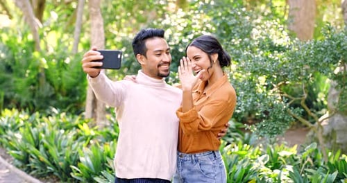 Engaged Couple Takes Selfie in Green Park