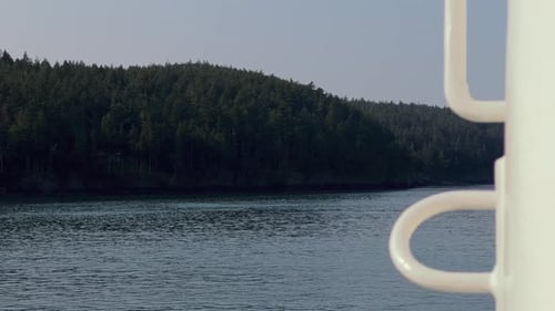 Lush Green Mountain Seen From Cruising Ferry In Orcas Island, Washington, USA. POV