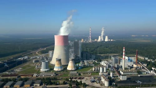 Aerial View of Power Plant with Cooling Towers in Poland