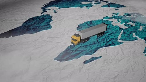 Global Logistics Truck Driving on Crumpled World Map
