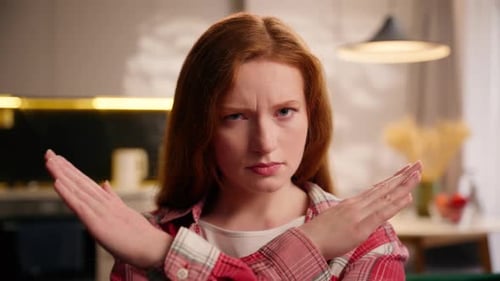 Confident Frown Girl Female Stop Gesture Angry Caucasian Woman Say No Crossed Hands Crossing Arms