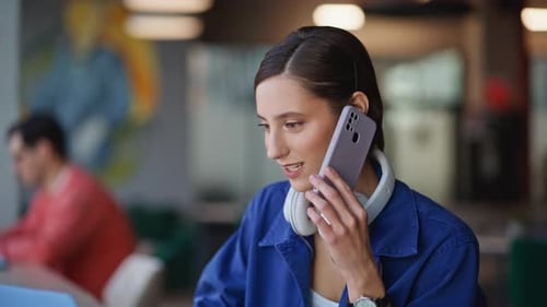 Business Manager Speaking Smartphone in Office Coworking Closeup Woman Calling