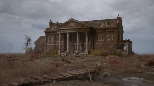 Abandoned Grungy Mansion in Desolate Landscape
