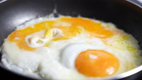Two Eggs Fried in Pan, Close Up