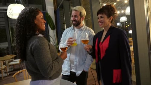 Friends Toasting Standing on a Night Bar Terrace