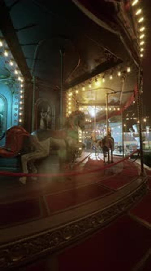 Eerie Night at an Abandoned Carousel in a Deserted Amusement Park