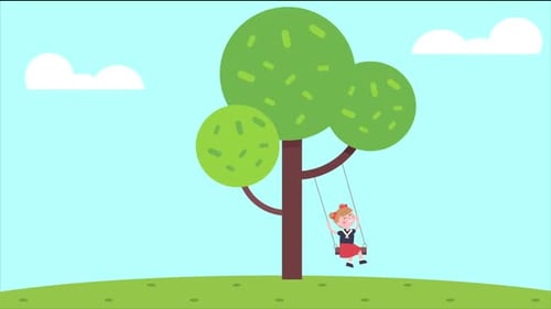 Little Girl Swing In Green Garden