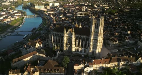 Aerial View of the Medieval City of Auxerre France Aerial View of the City Center and Rooftops The