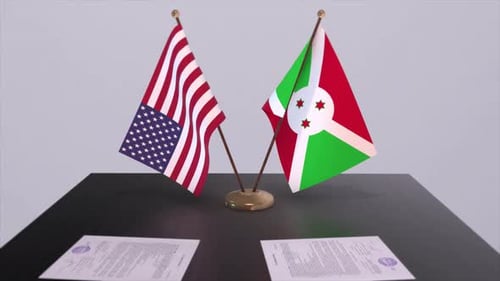 Burundi and USA at the negotiating table, a diplomatic deal. Business and politics animation
