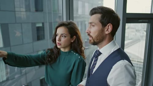 Man Woman Colleagues Communicating About Company Strategy at Office Close Up
