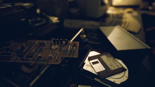 Cluttered Workstation at Dusk with Old Circuit Boards and Disks