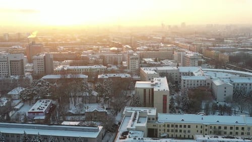 View From the Height of the City Block in Winter in the Center of Minsk at Sunset