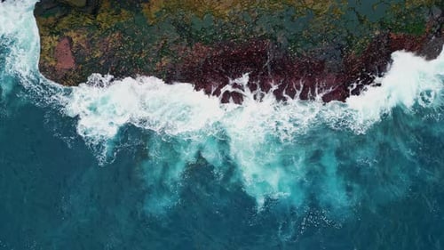 Ocean Waves Splashing Rocky Coast Top View Amazing Foaming Surf Crashing Beach