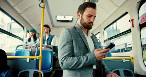 Bus, travel and business man with phone in city for journey, commute and metro trip to work