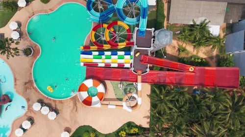 Water Park Fun Colorful Slides and Pools Seen From Above