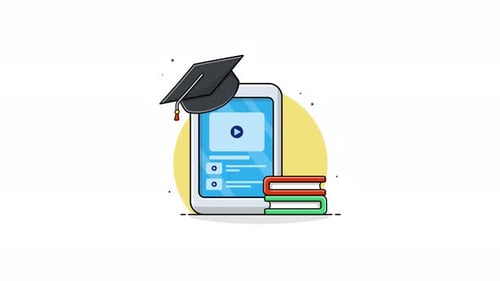 Animated Online Education Concept with Tablet and Graduation Cap