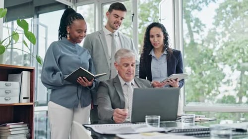 Business people, meeting collaboration and laptop, notebook or teamwork for stock market