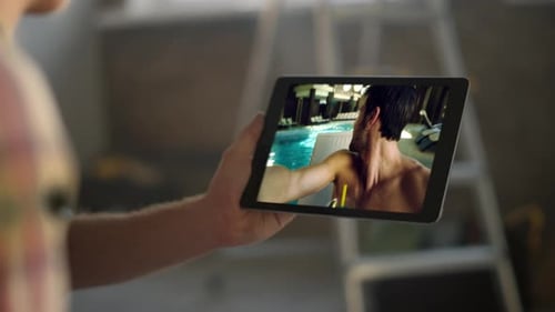 Distance Guy Toasting Tablet Screen Swimming Pool Closeup Mn Hands Holding Pad