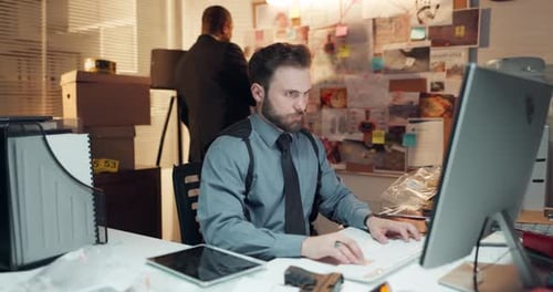 Computer, man and detective in office with typing for research on case with problem solving