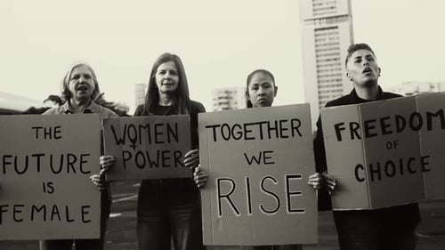 People Protesting for Women's Rights in City