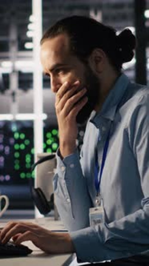 Vertical Video Server Room IT Specialist Frustrated By Difficult Complex Tasks in Office